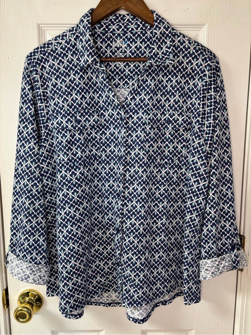 croft & barrow Navy and White Geometric Print Button-Up Shirt
